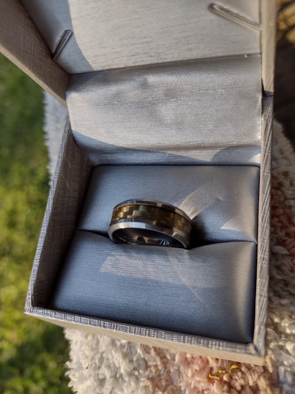 Men's Silver and Gold Carbon Fiber Inlay Tungsten Ring